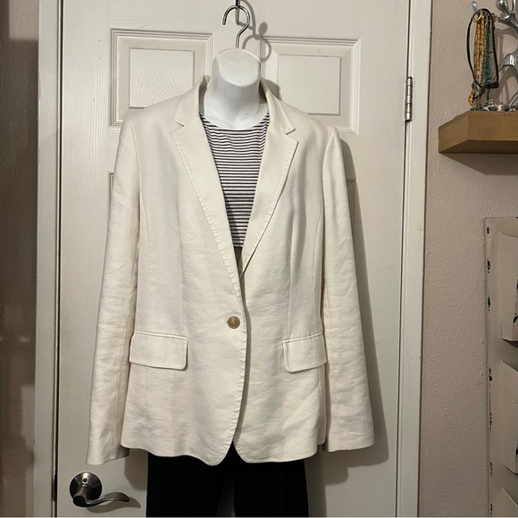 Ann Taylor Linen Blend Ivory Color Lined One Button Blazer Jacket Sz 14T - Picture 2 of 7